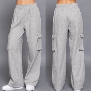 Active USA Heather Grey Waist Band Inner Fleece French Terry Cargo Long Pants